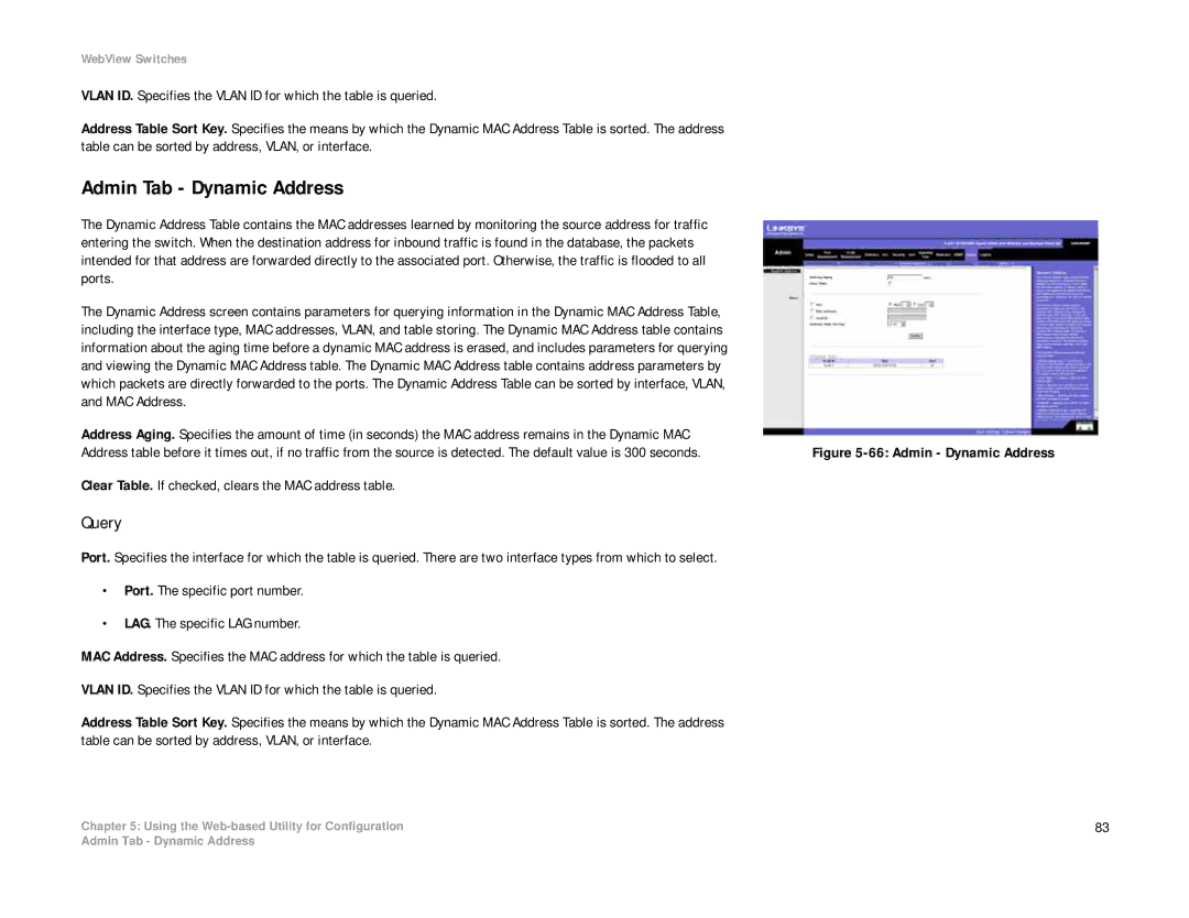 Linksys SRW2008P, SRW2008MP manual Admin Tab Dynamic Address, Admin Dynamic Address 