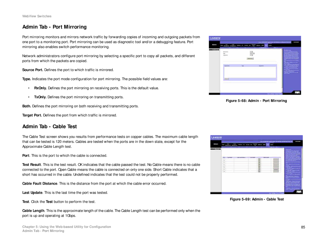 Linksys SRW2008MP, SRW2008P manual Admin Tab Port Mirroring, Admin Tab Cable Test 