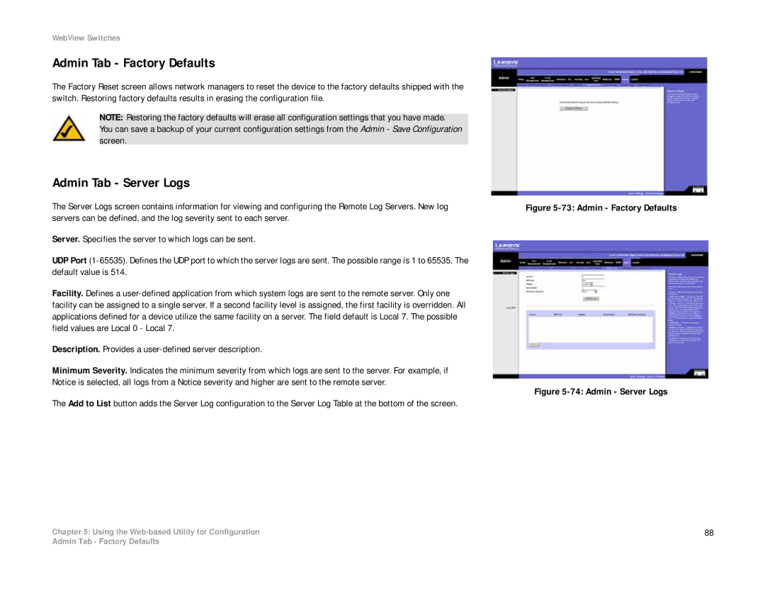 Linksys SRW2008MP, SRW2008P manual Admin Tab Factory Defaults, Admin Tab Server Logs 