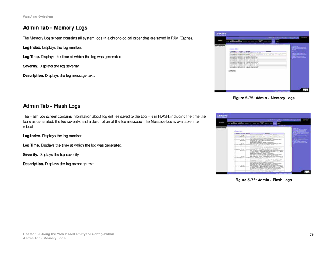 Linksys SRW2008P, SRW2008MP manual Admin Tab Memory Logs, Admin Tab Flash Logs 