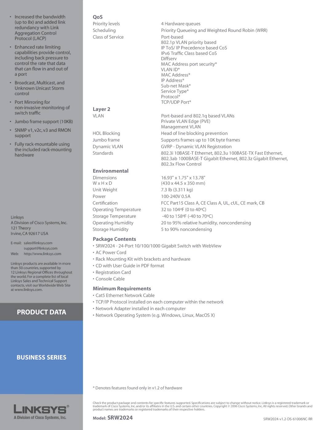 Linksys SRW2024 manual QoS, Layer, Environmental, Package Contents, Minimum Requirements 