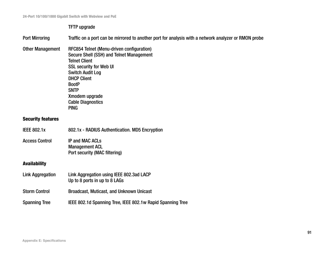 Linksys SRW2024P manual Tftp upgrade, Port Mirroring, Xmodem upgrade, Cable Diagnostics 