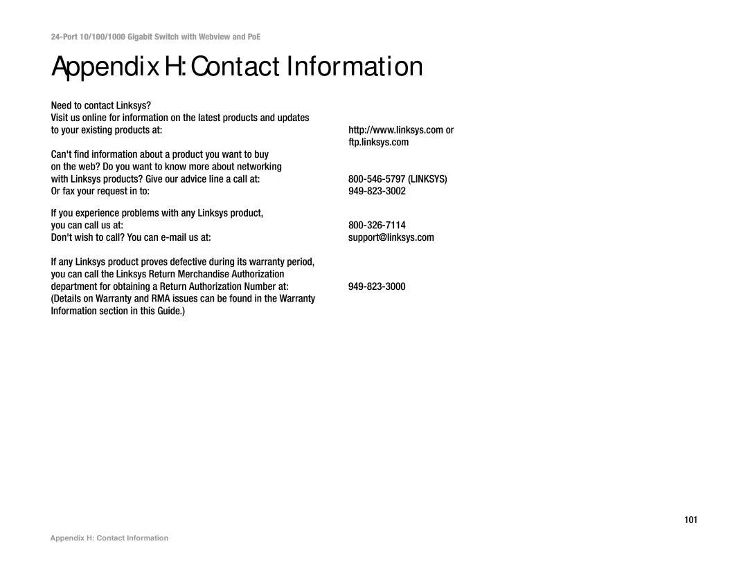 Linksys SRW2024P manual Appendix H Contact Information 