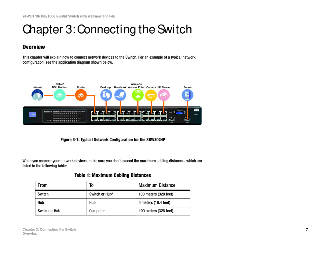 Linksys SRW2024P manual Connecting the Switch, Overview, Maximum Cabling Distances From Maximum Distance 