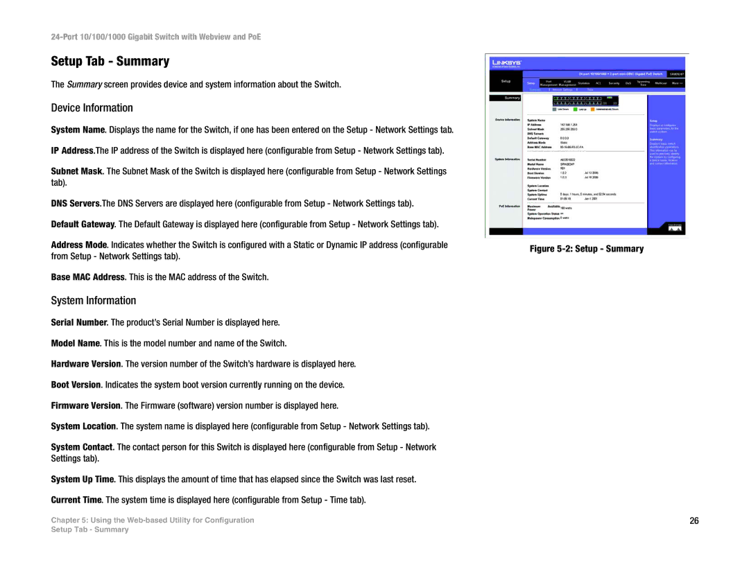 Linksys SRW2024P manual Setup Tab Summary, Device Information, System Information 