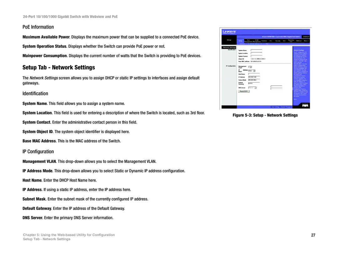 Linksys SRW2024P manual Setup Tab Network Settings, PoE Information, Identification, IP Configuration 