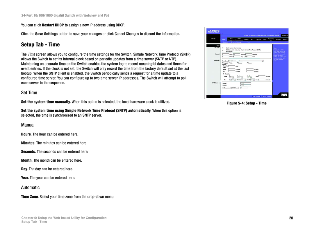 Linksys SRW2024P manual Setup Tab Time, Set Time, Manual, Automatic 