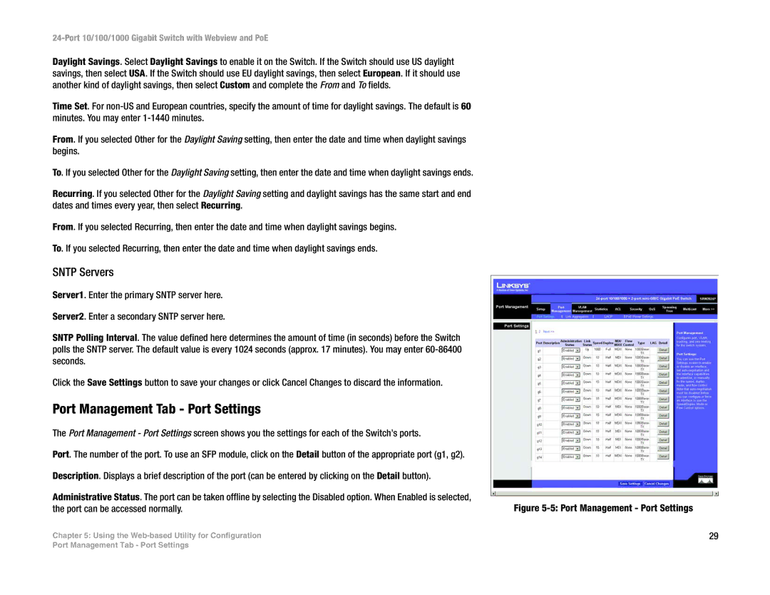 Linksys SRW2024P manual Port Management Tab Port Settings, Sntp Servers 