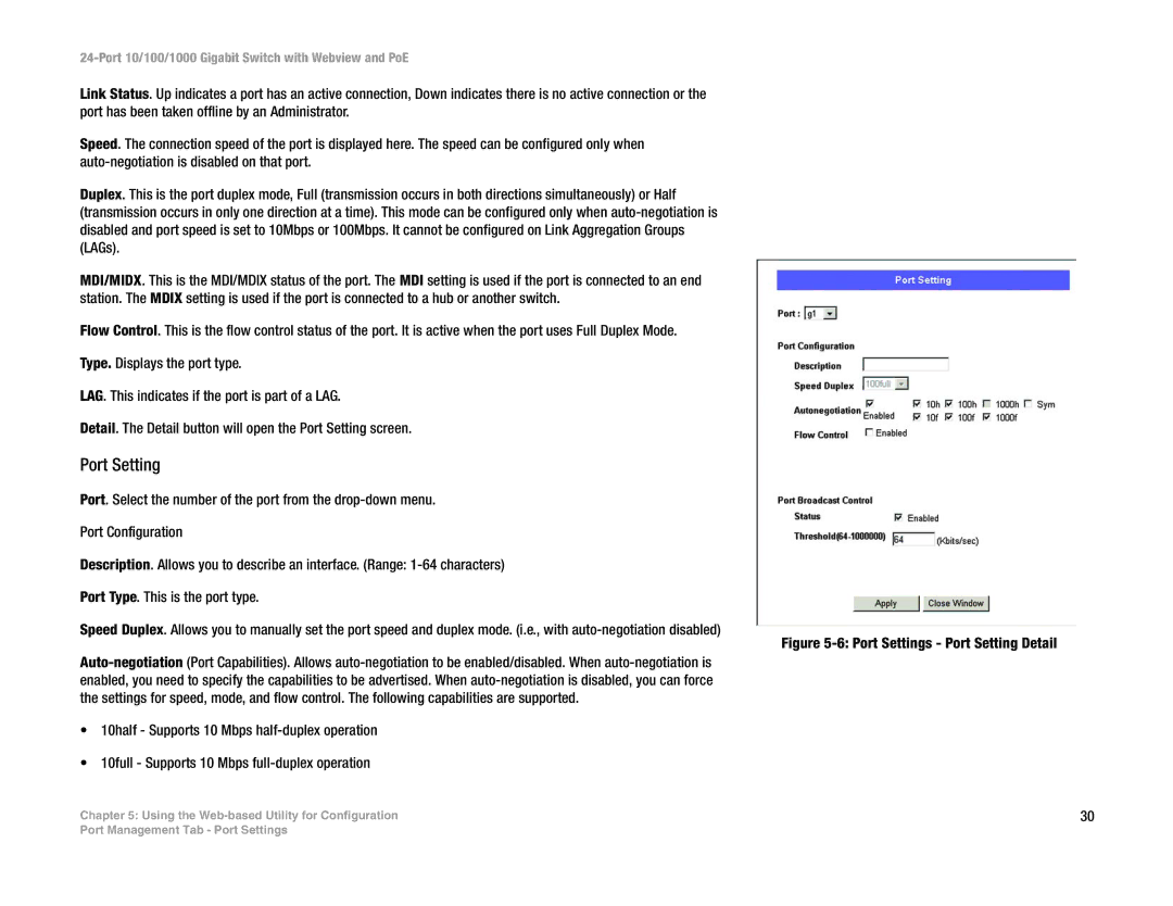 Linksys SRW2024P manual Port Settings Port Setting Detail 