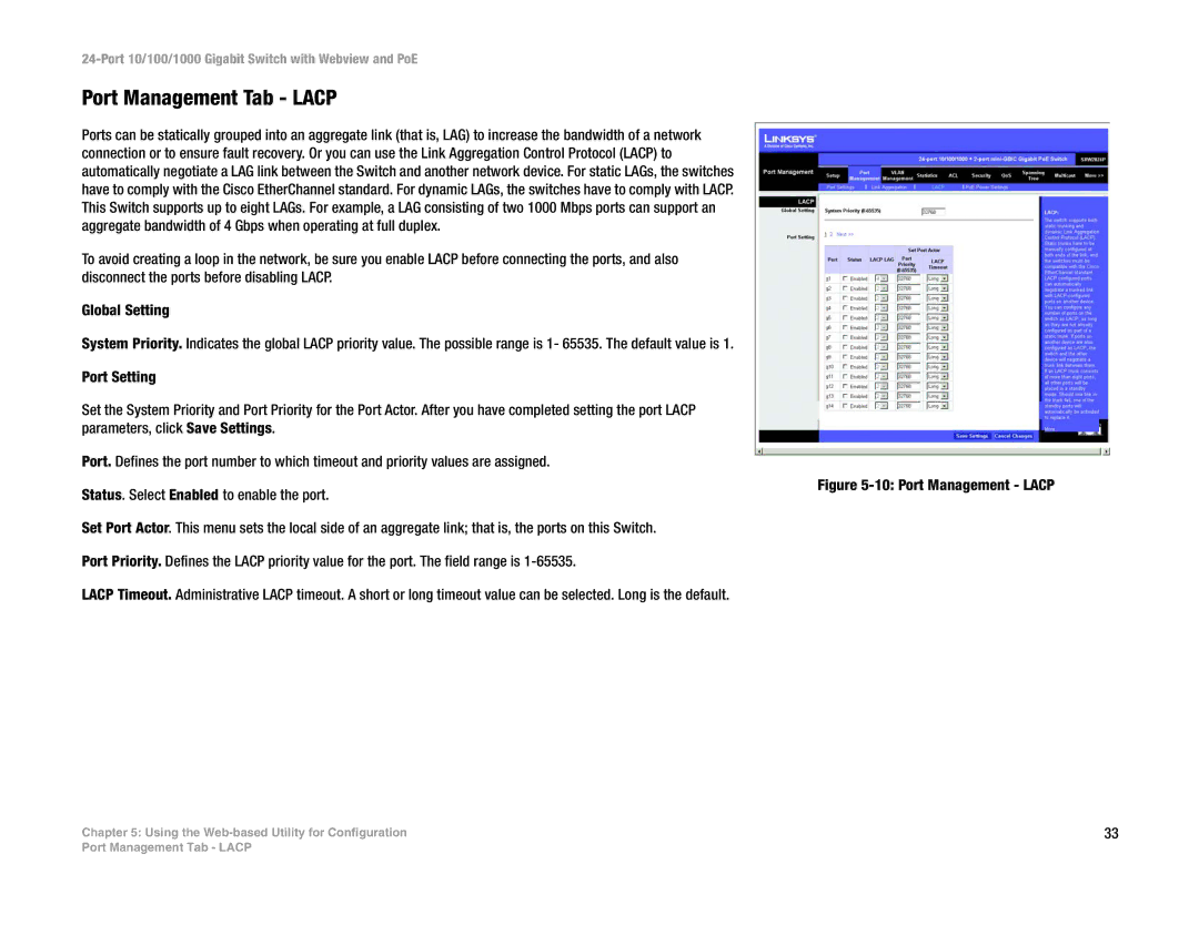 Linksys SRW2024P manual Port Management Tab Lacp, Port Management Lacp 