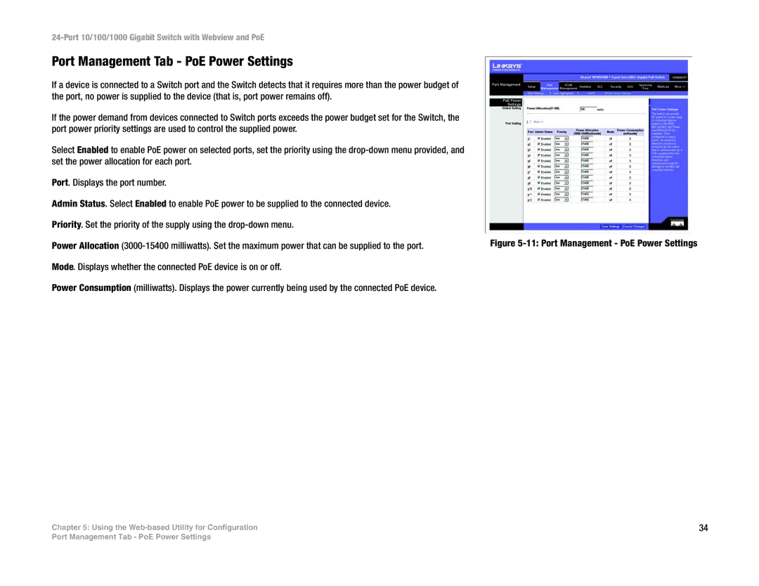 Linksys SRW2024P manual Port Management Tab PoE Power Settings, Port Management PoE Power Settings 