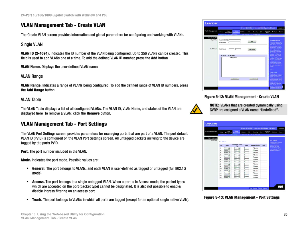 Linksys SRW2024P Vlan Management Tab Create Vlan, Vlan Management Tab Port Settings, Single Vlan, Vlan Range, Vlan Table 