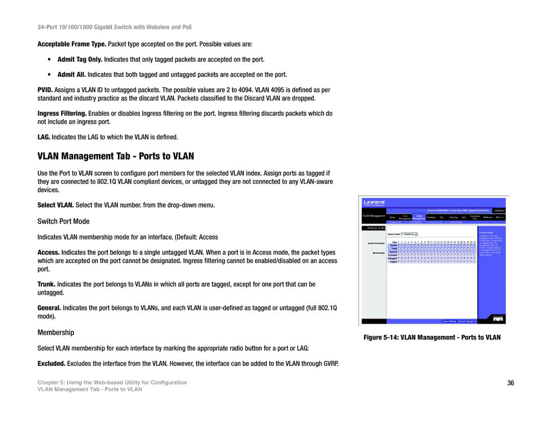 Linksys SRW2024P manual Vlan Management Tab Ports to Vlan, Switch Port Mode 