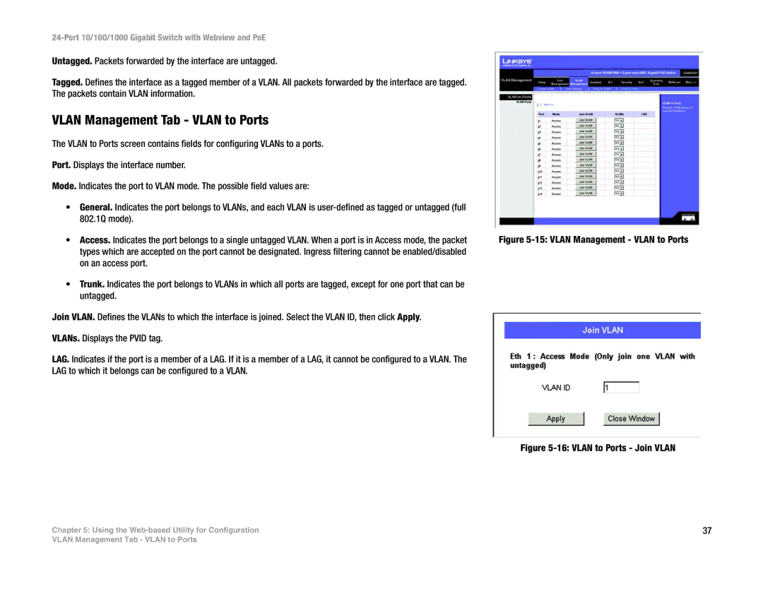 Linksys SRW2024P manual Vlan Management Tab Vlan to Ports, Vlan Management Vlan to Ports 