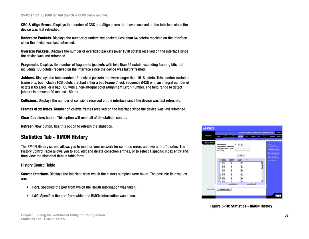 Linksys SRW2024P manual Statistics Tab Rmon History, History Control Table 