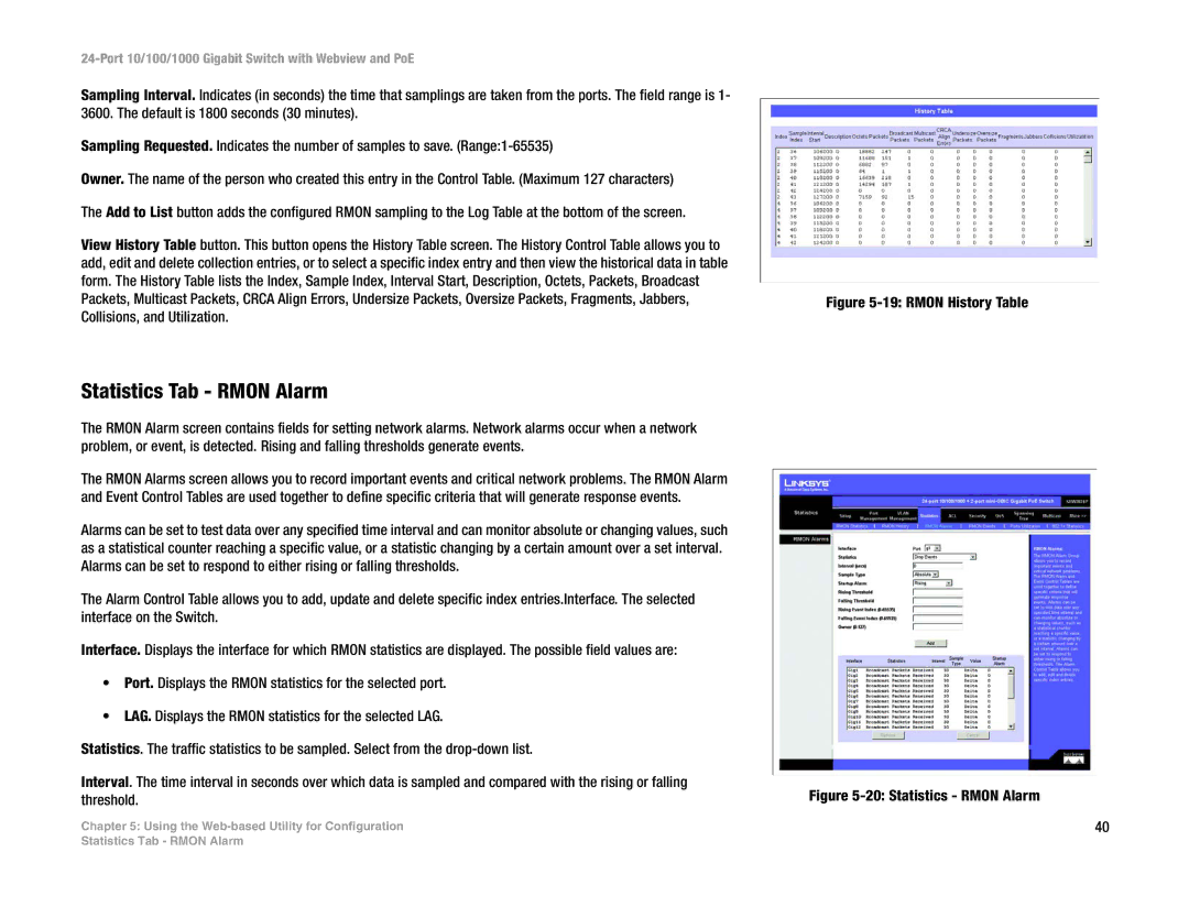 Linksys SRW2024P manual Statistics Tab Rmon Alarm, Statistics Rmon Alarm 