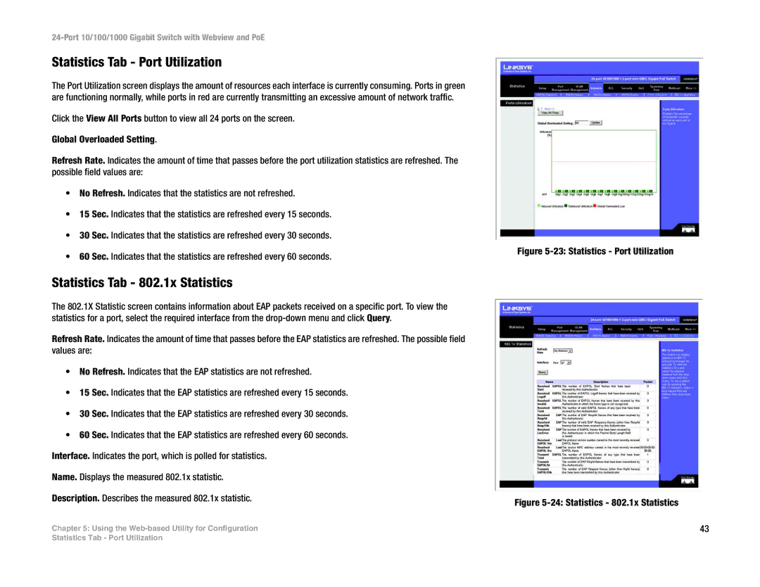 Linksys SRW2024P manual Statistics Tab Port Utilization, Statistics Tab 802.1x Statistics 