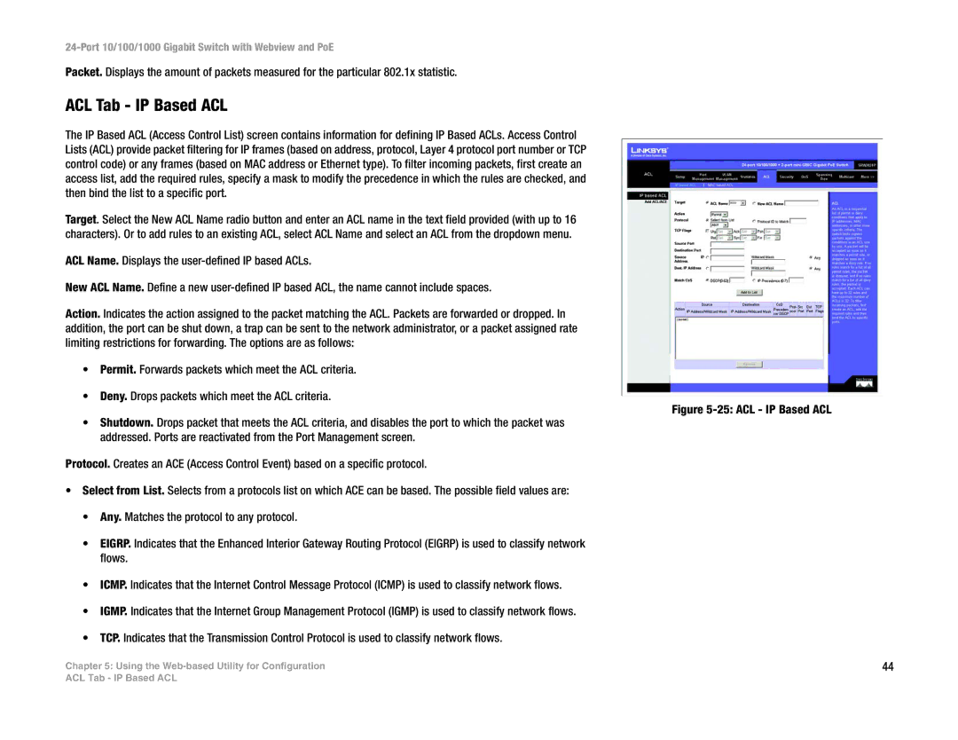 Linksys SRW2024P manual ACL Tab IP Based ACL, ACL IP Based ACL 