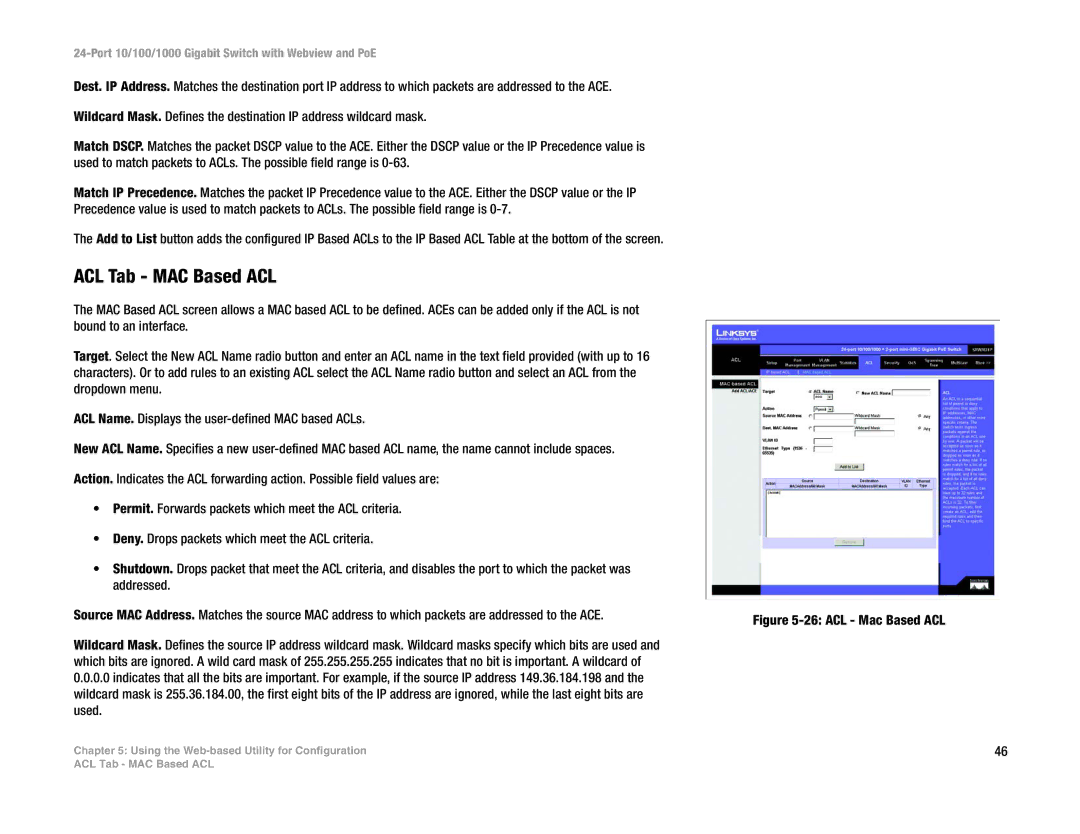 Linksys SRW2024P manual ACL Tab MAC Based ACL, ACL Mac Based ACL 