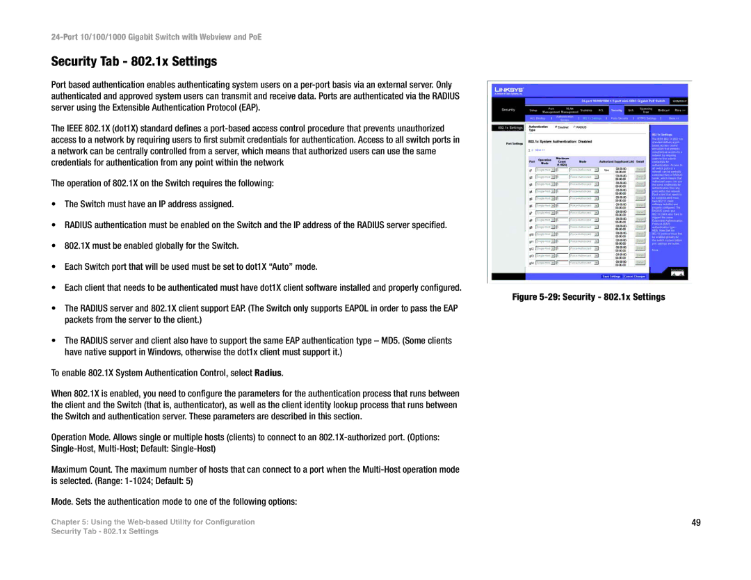 Linksys SRW2024P manual Security Tab 802.1x Settings, Security 802.1x Settings 