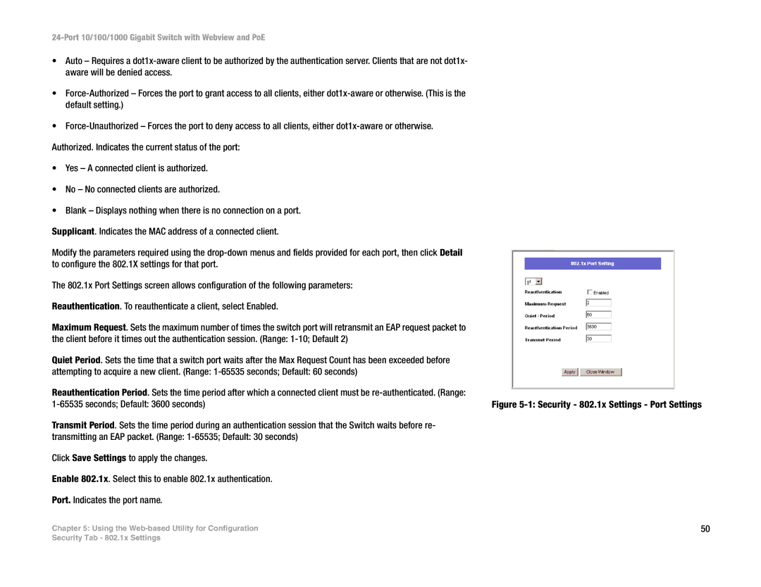 Linksys SRW2024P manual Security 802.1x Settings Port Settings 