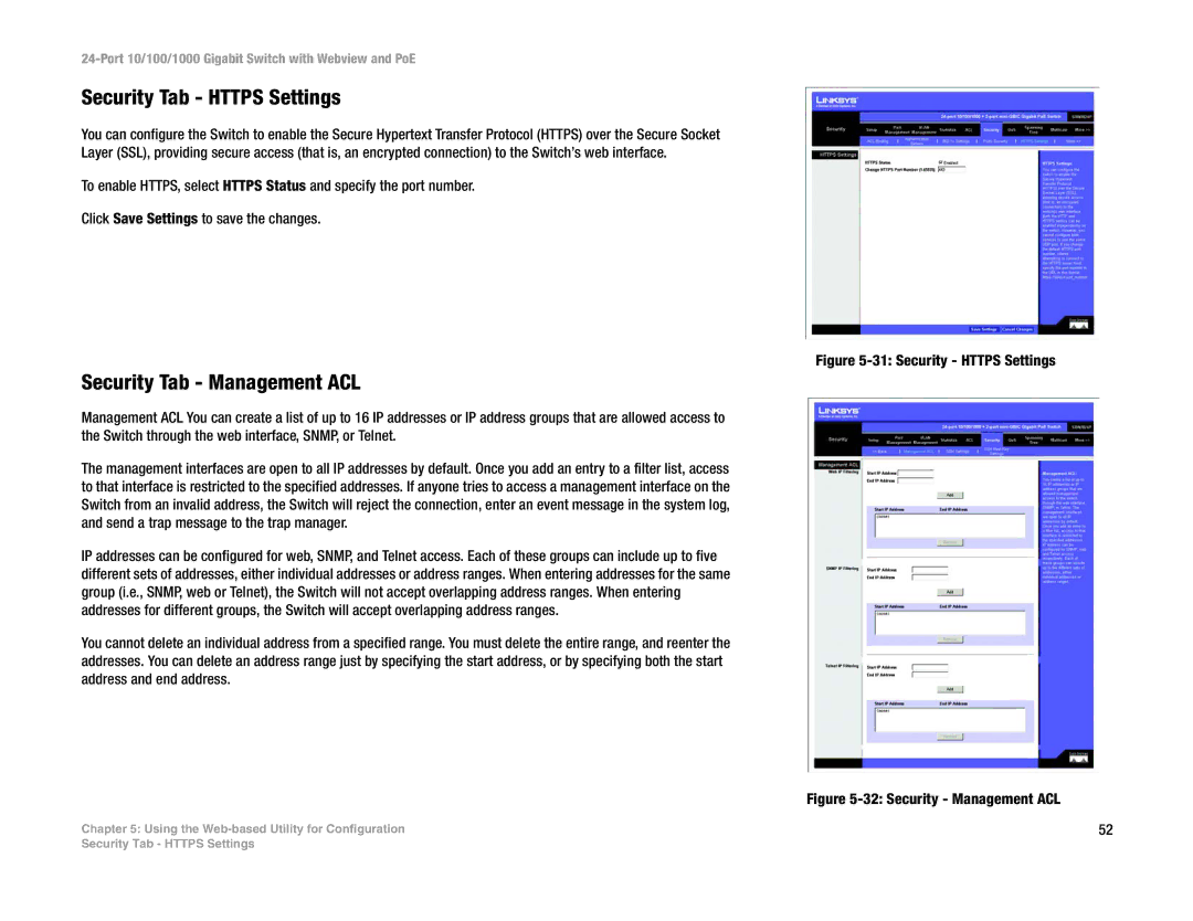 Linksys SRW2024P manual Security Tab Https Settings, Security Tab Management ACL 