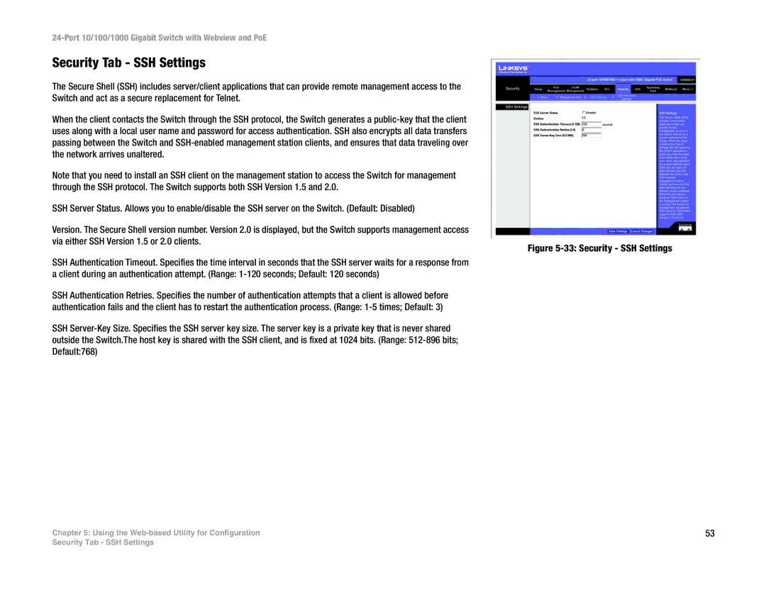 Linksys SRW2024P manual Security Tab SSH Settings, Security SSH Settings 