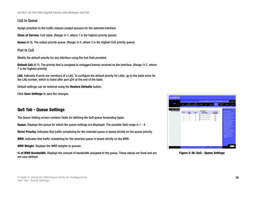 Linksys SRW2024P manual QoS Tab Queue Settings, CoS to Queue, Port to CoS 