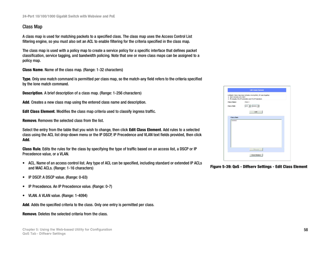 Linksys SRW2024P manual Class Map, QoS Diffserv Settings Edit Class Element 