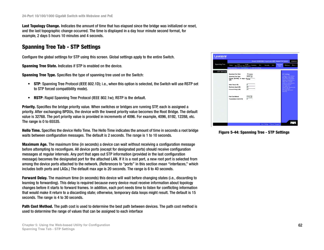 Linksys SRW2024P manual Spanning Tree Tab STP Settings, Spanning Tree STP Settings 