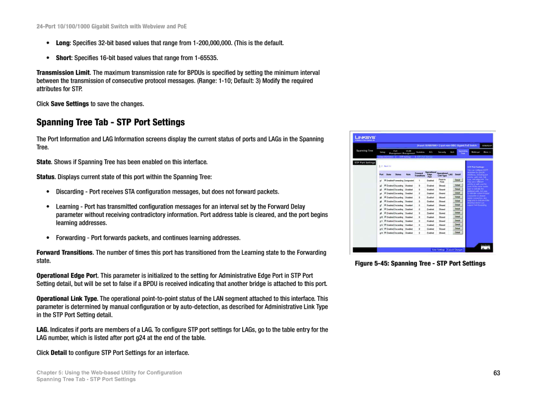 Linksys SRW2024P manual Spanning Tree Tab STP Port Settings, Spanning Tree STP Port Settings 