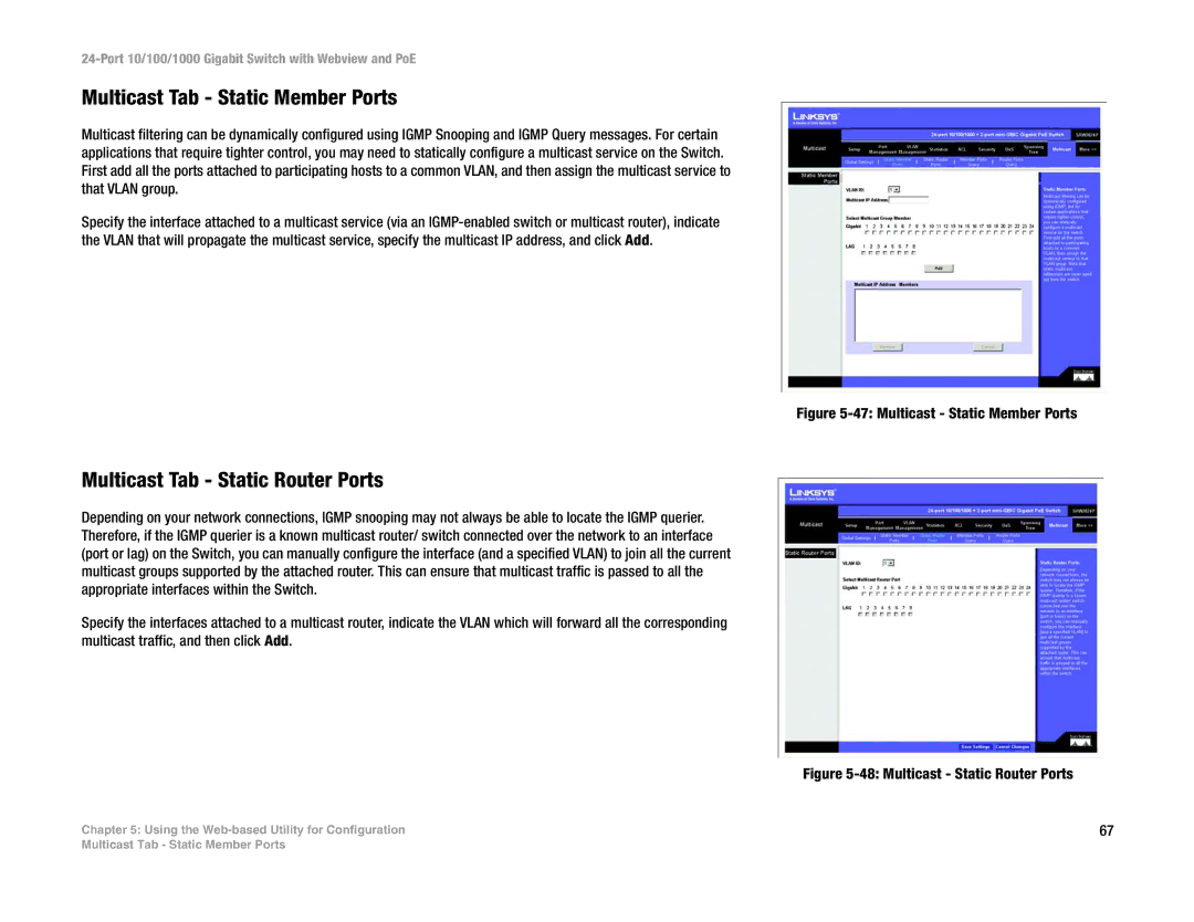 Linksys SRW2024P manual Multicast Tab Static Member Ports, Multicast Tab Static Router Ports 