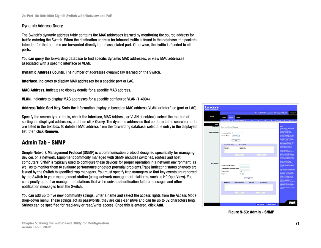 Linksys SRW2024P manual Admin Tab Snmp, Dynamic Address Query 