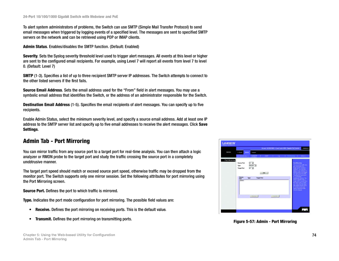 Linksys SRW2024P manual Admin Tab Port Mirroring, Admin Port Mirroring 