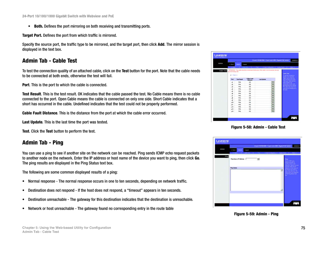 Linksys SRW2024P manual Admin Tab Cable Test, Admin Tab Ping 