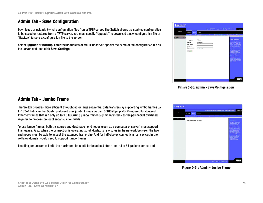 Linksys SRW2024P manual Admin Tab Save Configuration, Admin Tab Jumbo Frame 