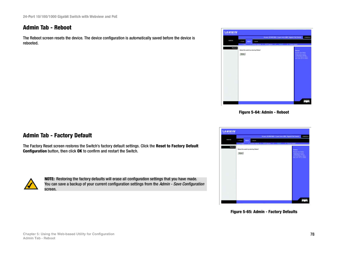 Linksys SRW2024P manual Admin Tab Reboot, Admin Tab Factory Default 