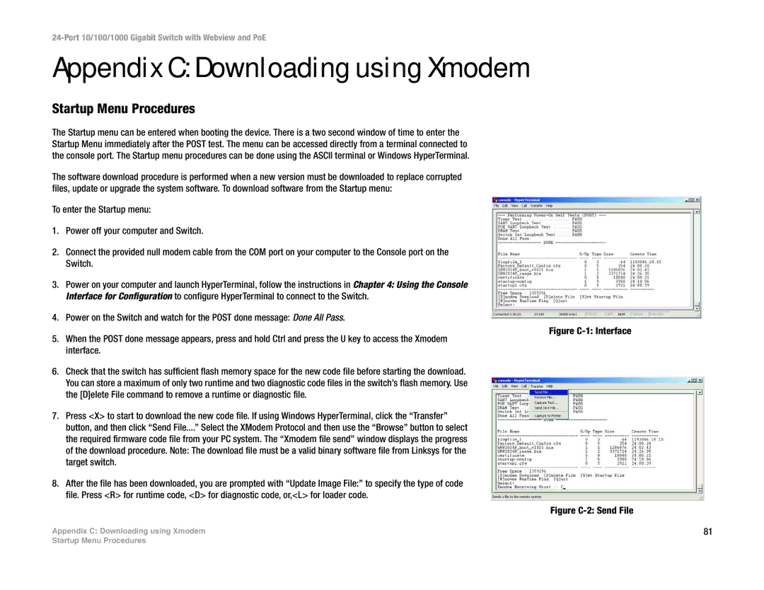 Linksys SRW2024P manual Appendix C Downloading using Xmodem, Startup Menu Procedures 