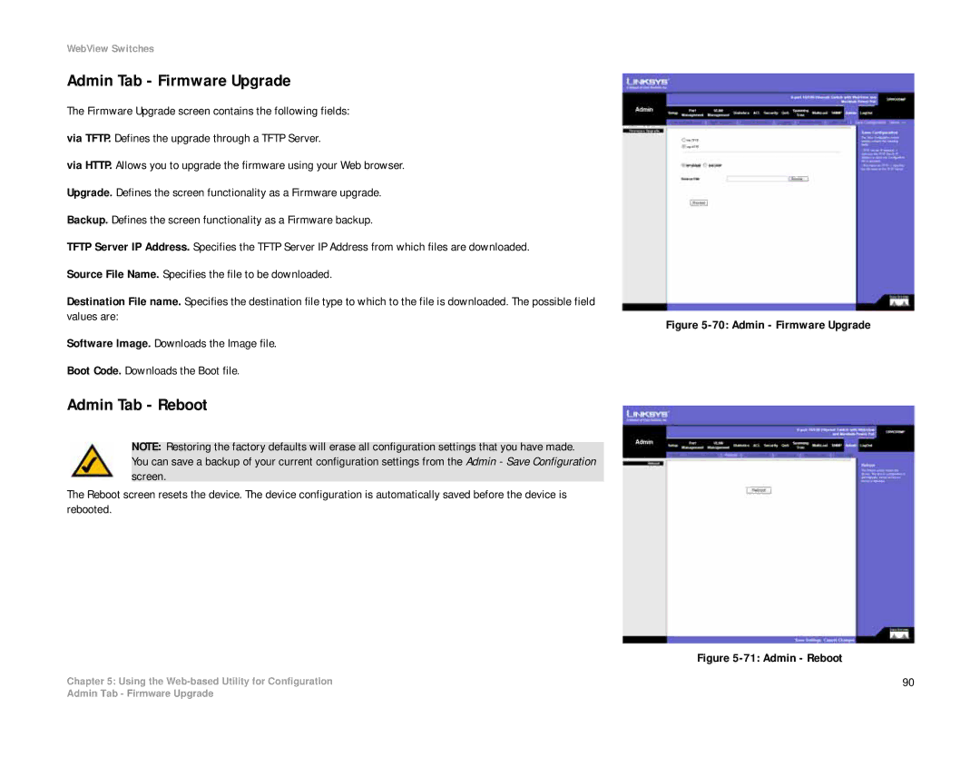 Linksys SRW208 manual Admin Tab Firmware Upgrade, Admin Tab Reboot 