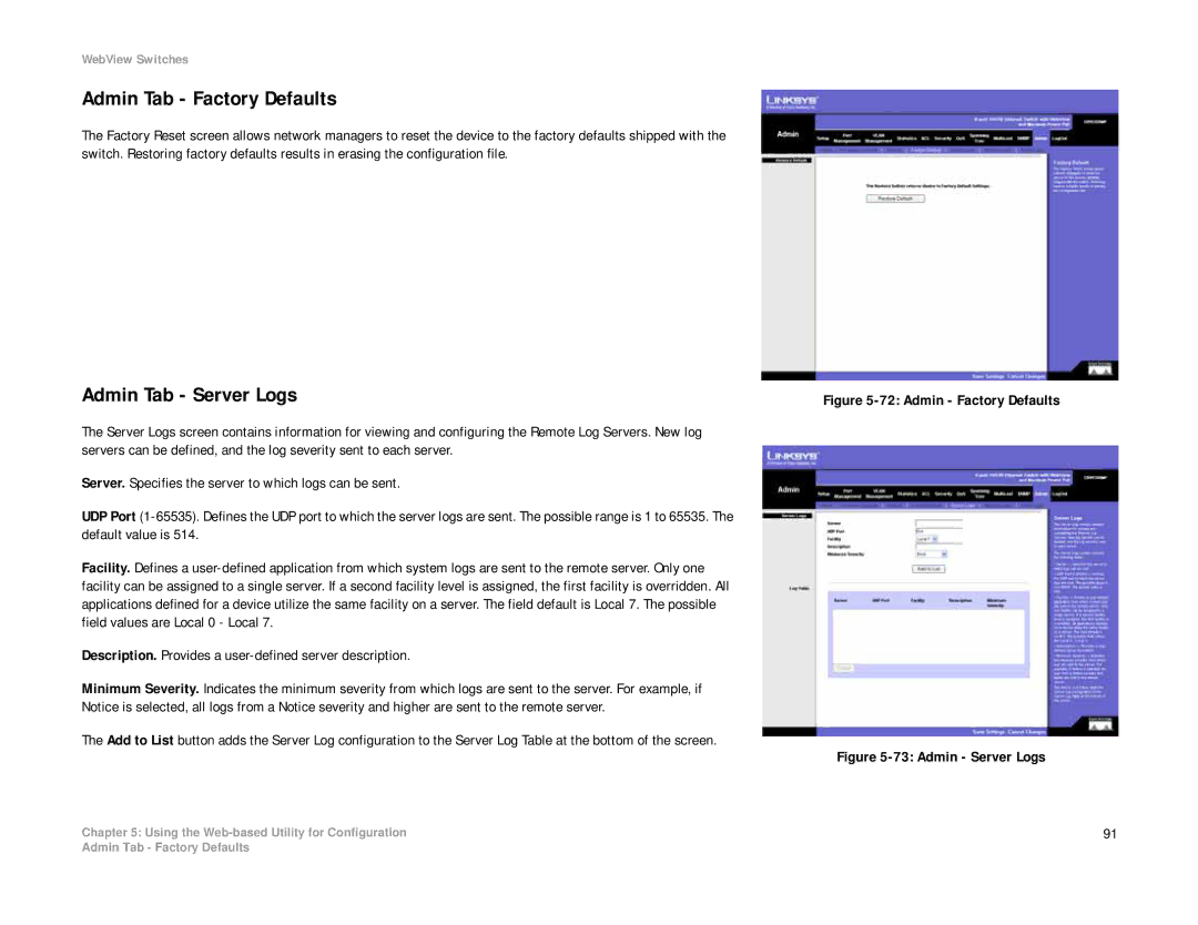 Linksys SRW208 manual Admin Tab Factory Defaults, Admin Tab Server Logs 