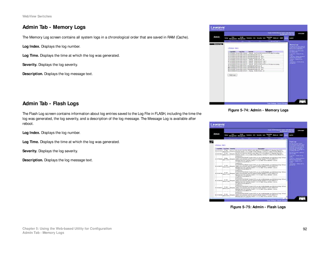 Linksys SRW208 manual Admin Tab Memory Logs, Admin Tab Flash Logs 