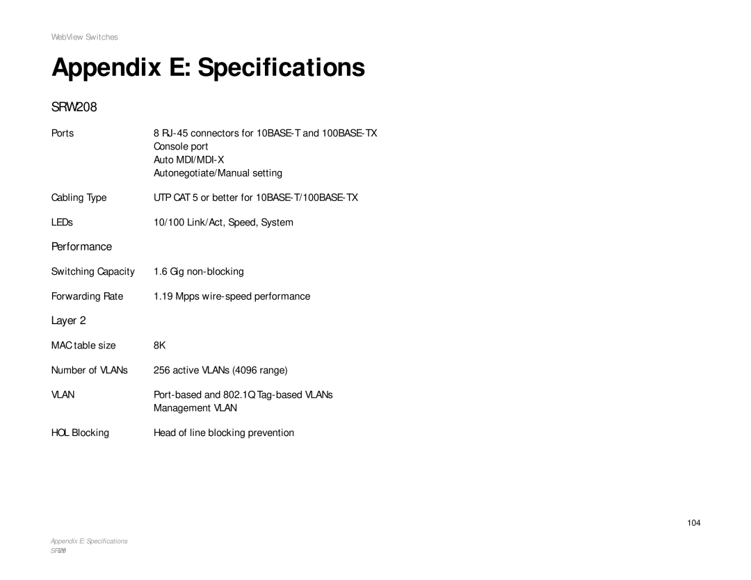 Linksys SRW208 manual Appendix E Specifications 