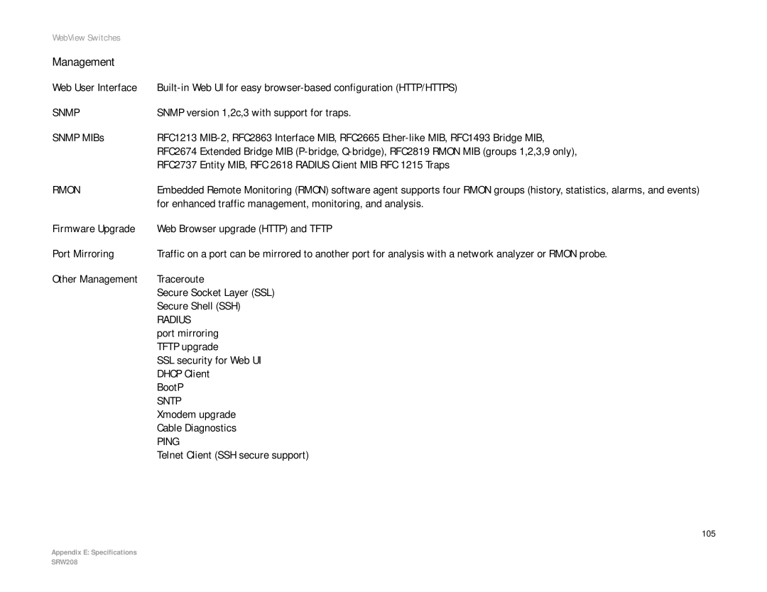 Linksys SRW208 manual Snmp version 1,2c,3 with support for traps, For enhanced traffic management, monitoring, and analysis 