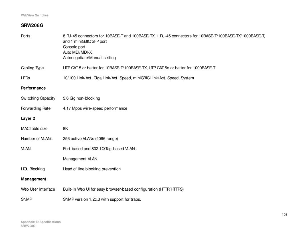 Linksys manual SRW208G, miniGBIC/SFP port 