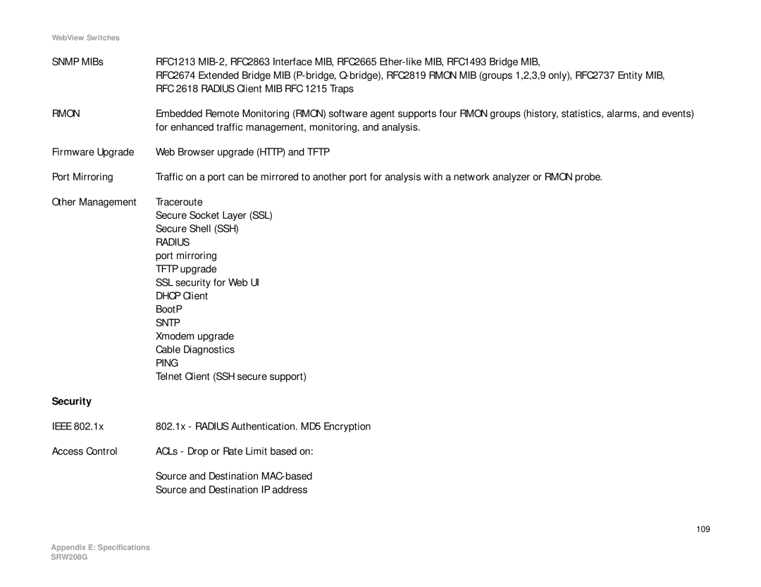 Linksys SRW208 manual RFC 2618 Radius Client MIB RFC 1215 Traps, For enhanced traffic management, monitoring, and analysis 