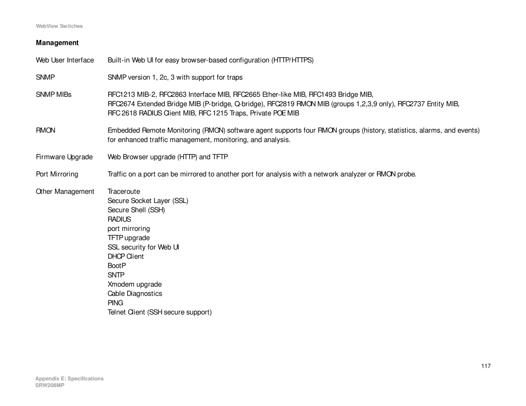 Linksys SRW208 Snmp version 1, 2c, 3 with support for traps, RFC 2618 Radius Client MIB, RFC 1215 Traps, Private POE MIB 