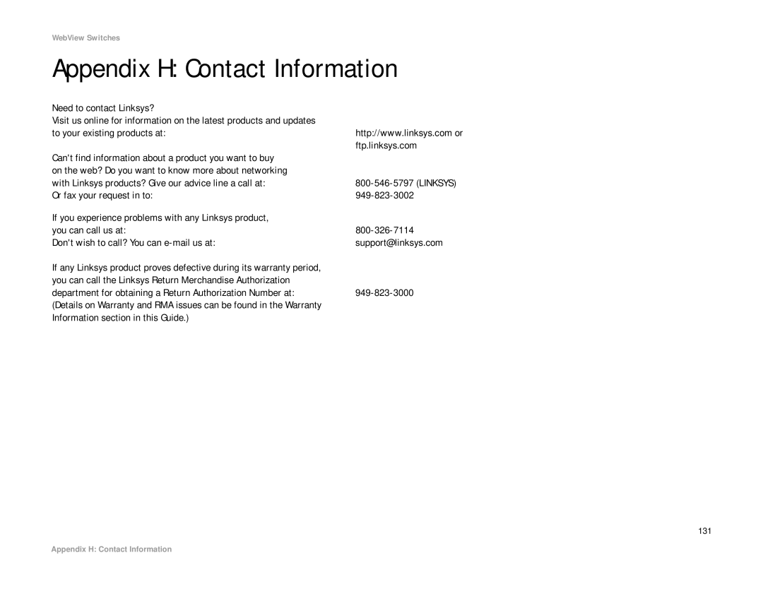 Linksys SRW208 manual Appendix H Contact Information 