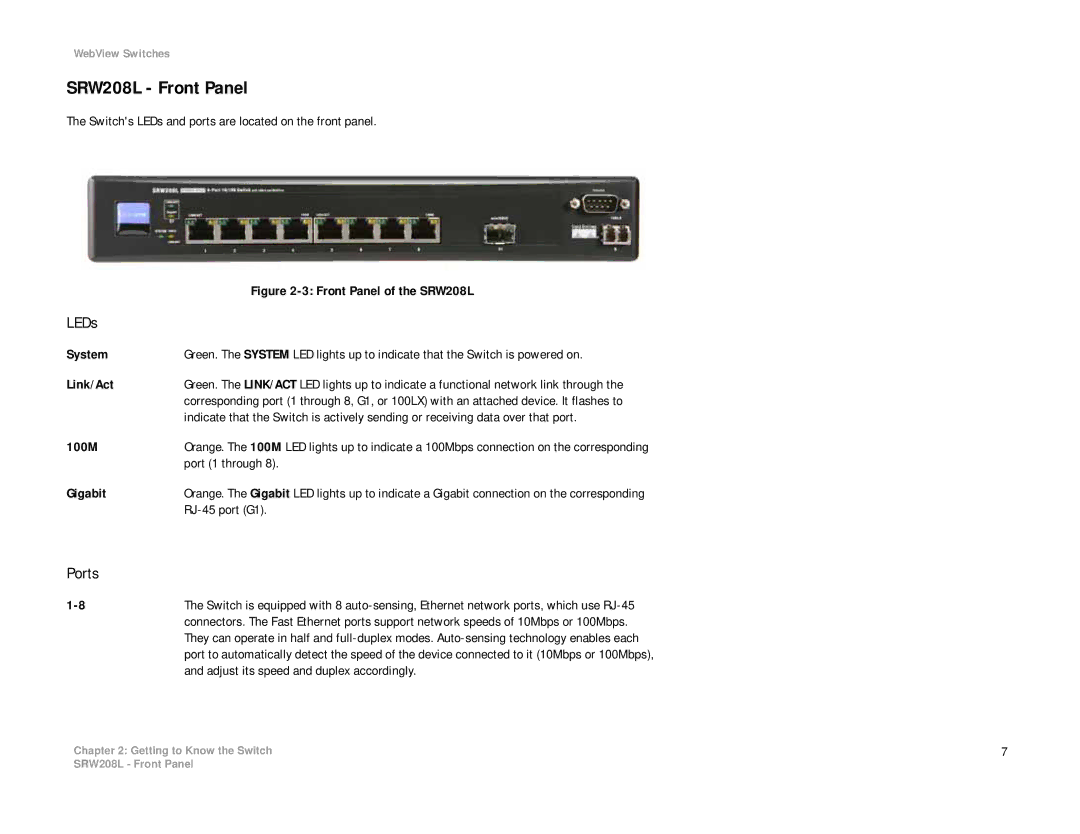 Linksys manual SRW208L Front Panel, Front Panel of the SRW208L 