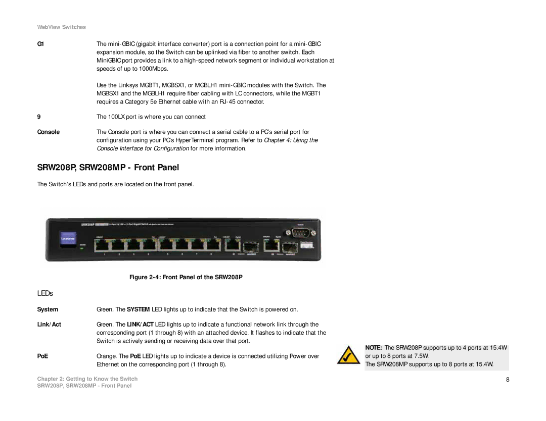 Linksys manual SRW208P, SRW208MP Front Panel, Speeds of up to 1000Mbps 