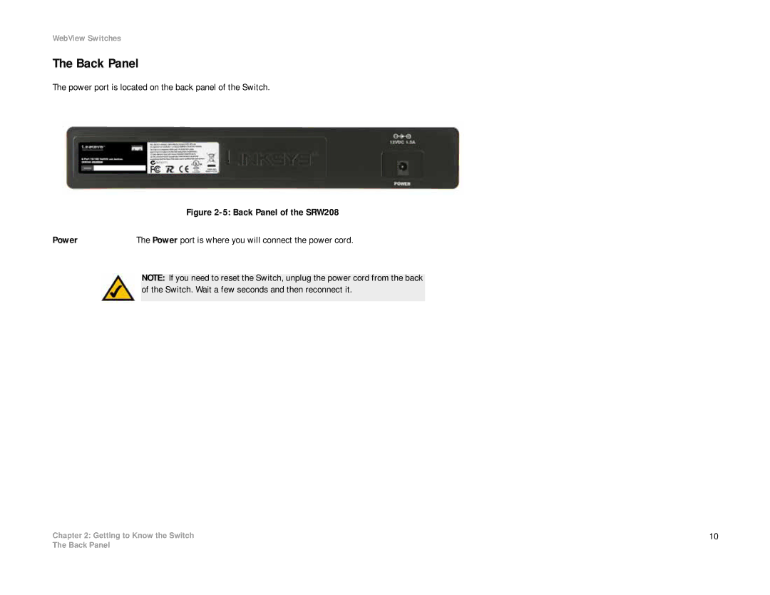 Linksys SRW208 manual Back Panel, Power port is located on the back panel of the Switch 